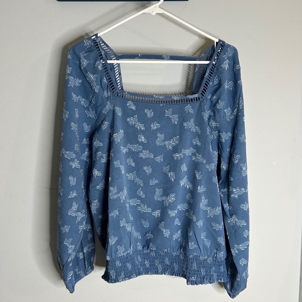 Maurices Blue Butterfly shirt Fil-Coupe Smocked Square Neck Blouse Medium NWT